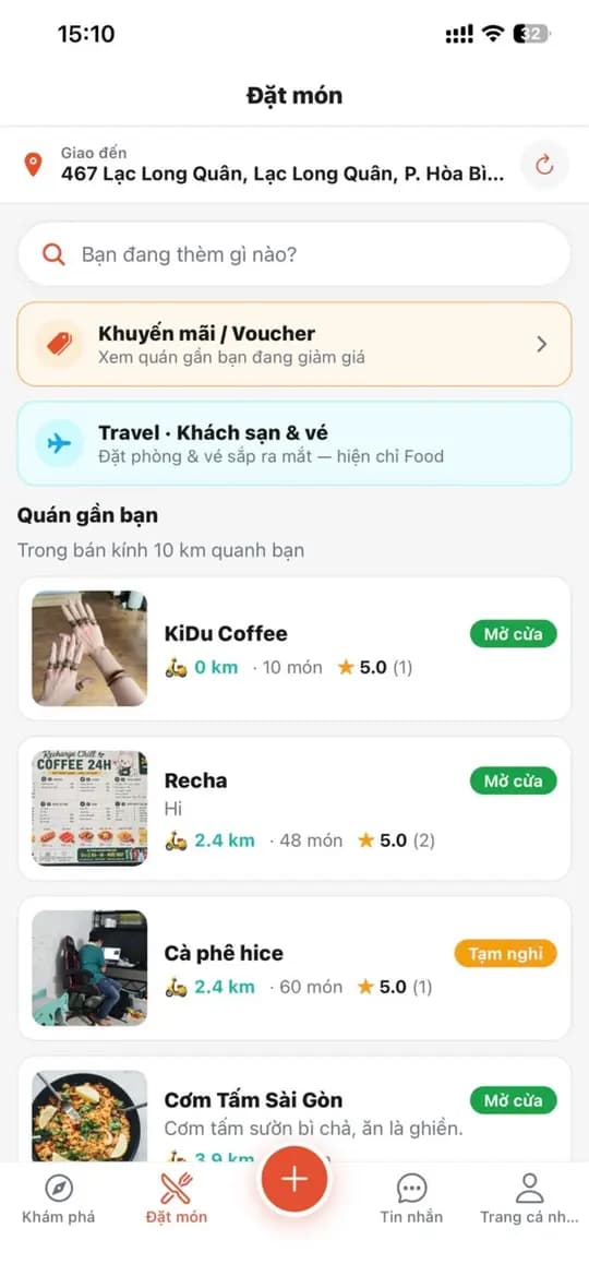 Màn hình đặt món trên app Đi Food