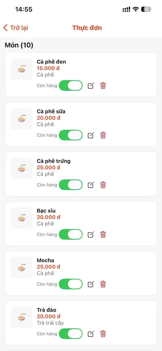 Thực đơn trên app: tên món, giá và còn hàng