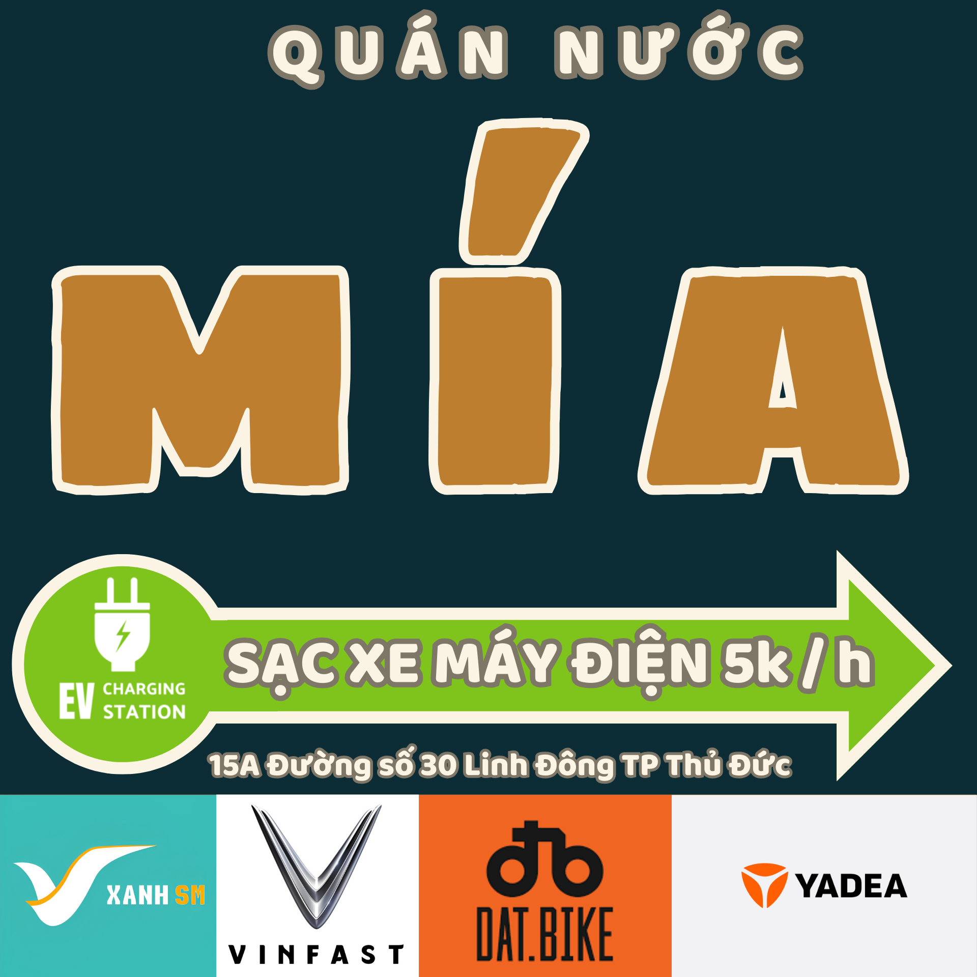 QUÁN NƯỚC MÍA – ĐƯỜNG 30 – SẠC XE MÁY ĐIỆN 5k/h – Sạc Full 15k – Cho thuê sạc